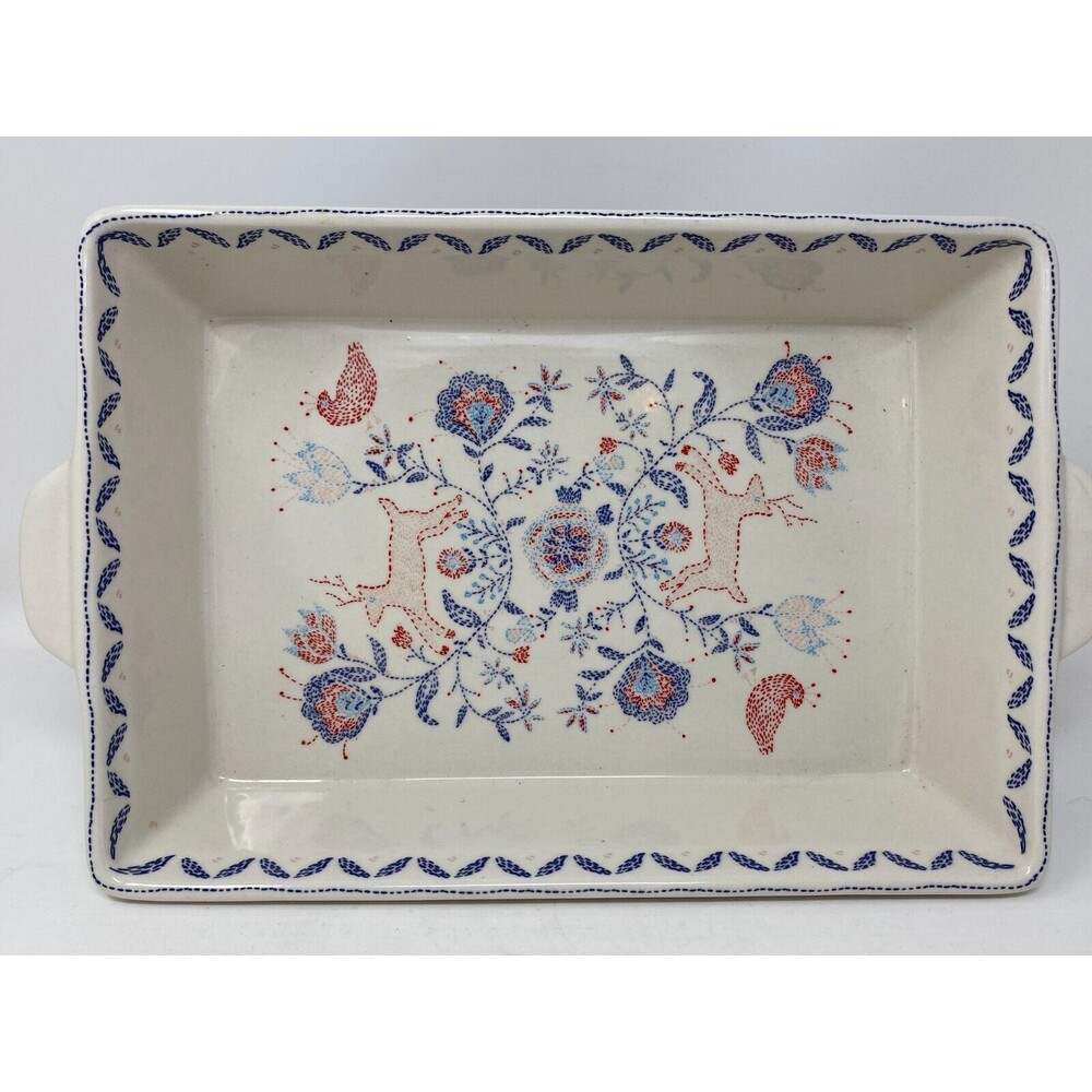 Stoneware Deer Birds Flowers Lasagna Casserole Deep Baking Dish 9 x 13 Threshold